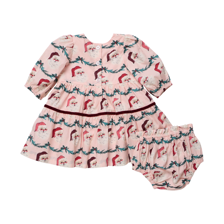 Back view of the Pink Chicken Baby Girls Maribelle Dress Set in Santa Garland showing button closures, tiered skirt, and matching bloomers.