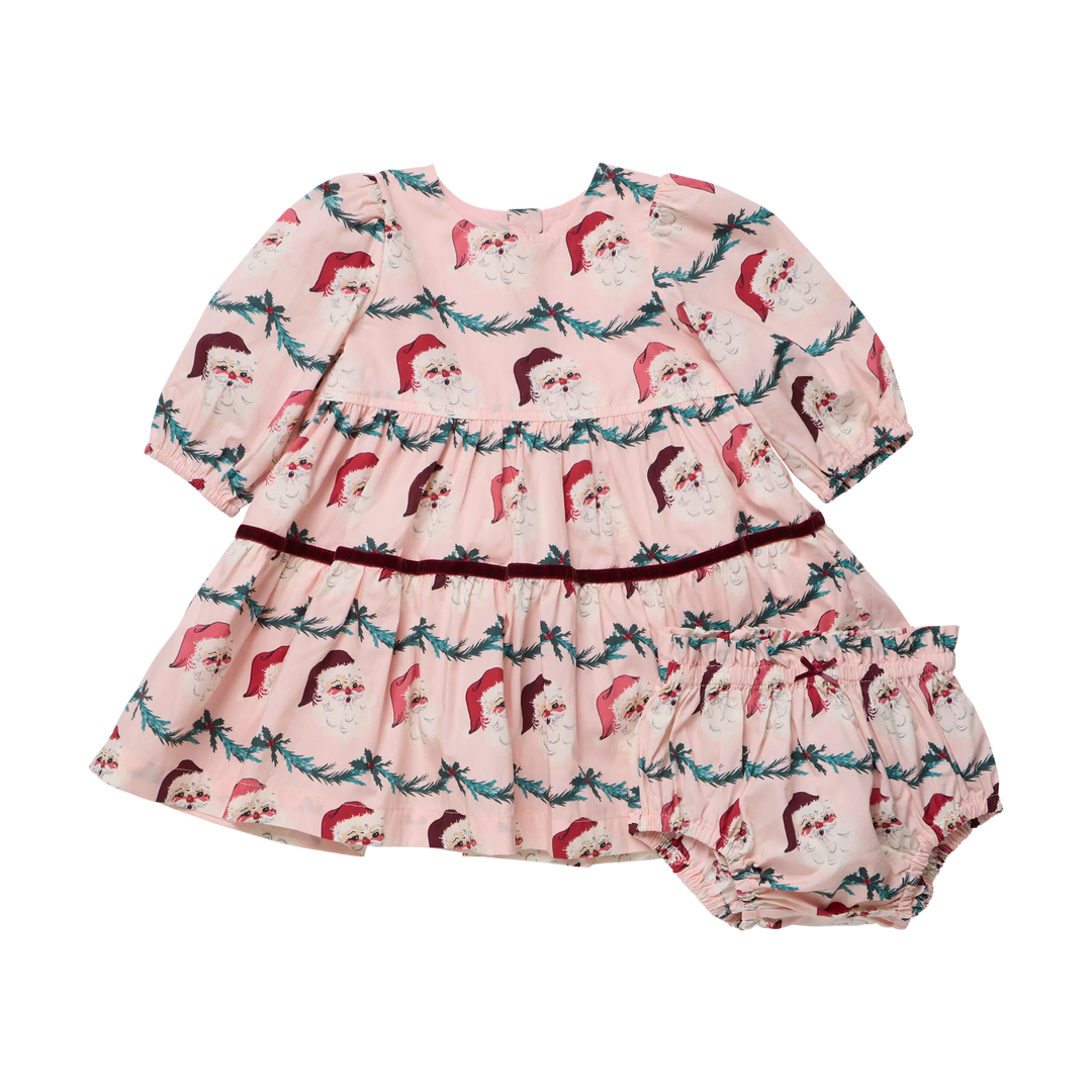 Pink Chicken Baby Girls Maribelle Dress Set in Santa Garland featuring a pink Santa print, burgundy velvet trim, and matching bloomers.