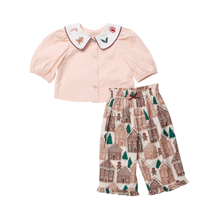 Pink Chicken Baby Girls Noelle 2PC Set featuring a blush pink puff sleeve top with embroidered holiday collar and gingerbread house print pants.