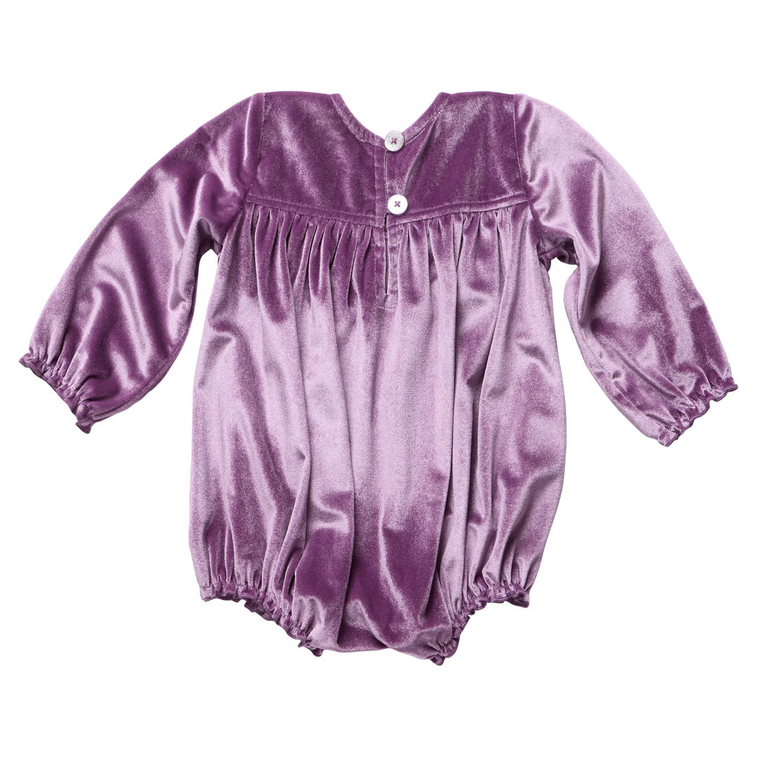 Back view of Baby Girls Quinn Bubble Lavender Velour with button closure and gathered bubble silhouette
