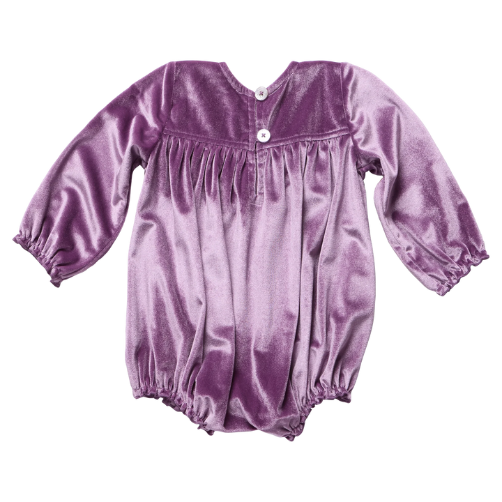 Back view of Baby Girls Quinn Bubble Lavender Velour with button closure and gathered bubble silhouette
