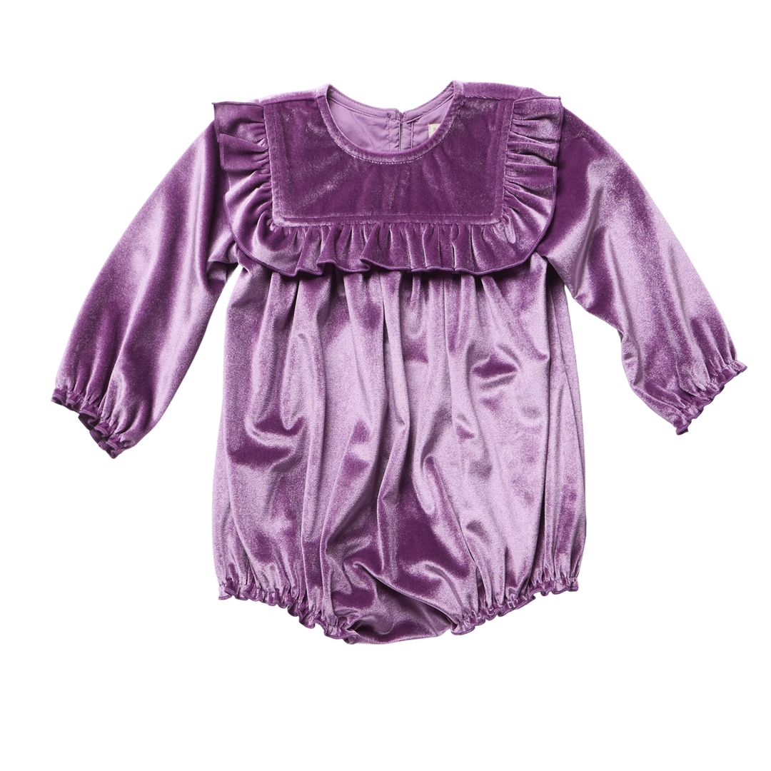 Baby Girls Quinn Bubble Lavender Velour with ruffled bib, long sleeves, and gathered leg openings