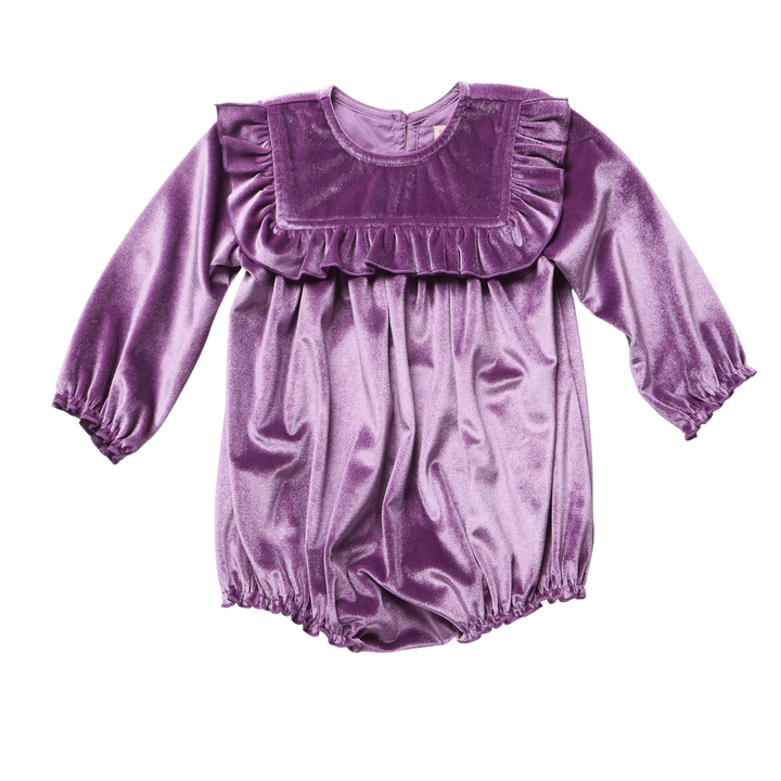 Baby Girls Quinn Bubble Lavender Velour with ruffled bib, long sleeves, and gathered leg openings
