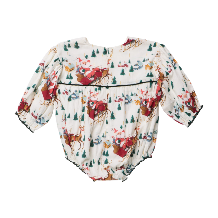 Back view of Pink Chicken Baby Girls Wynne Bubble showing Santa Sleigh print, gathered fabric, green trim, and back zipper