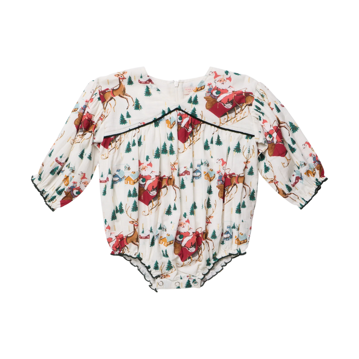 Pink Chicken Baby Girls Wynne Bubble in Santa Sleigh featuring a Christmas print, long puff sleeves, and green trim