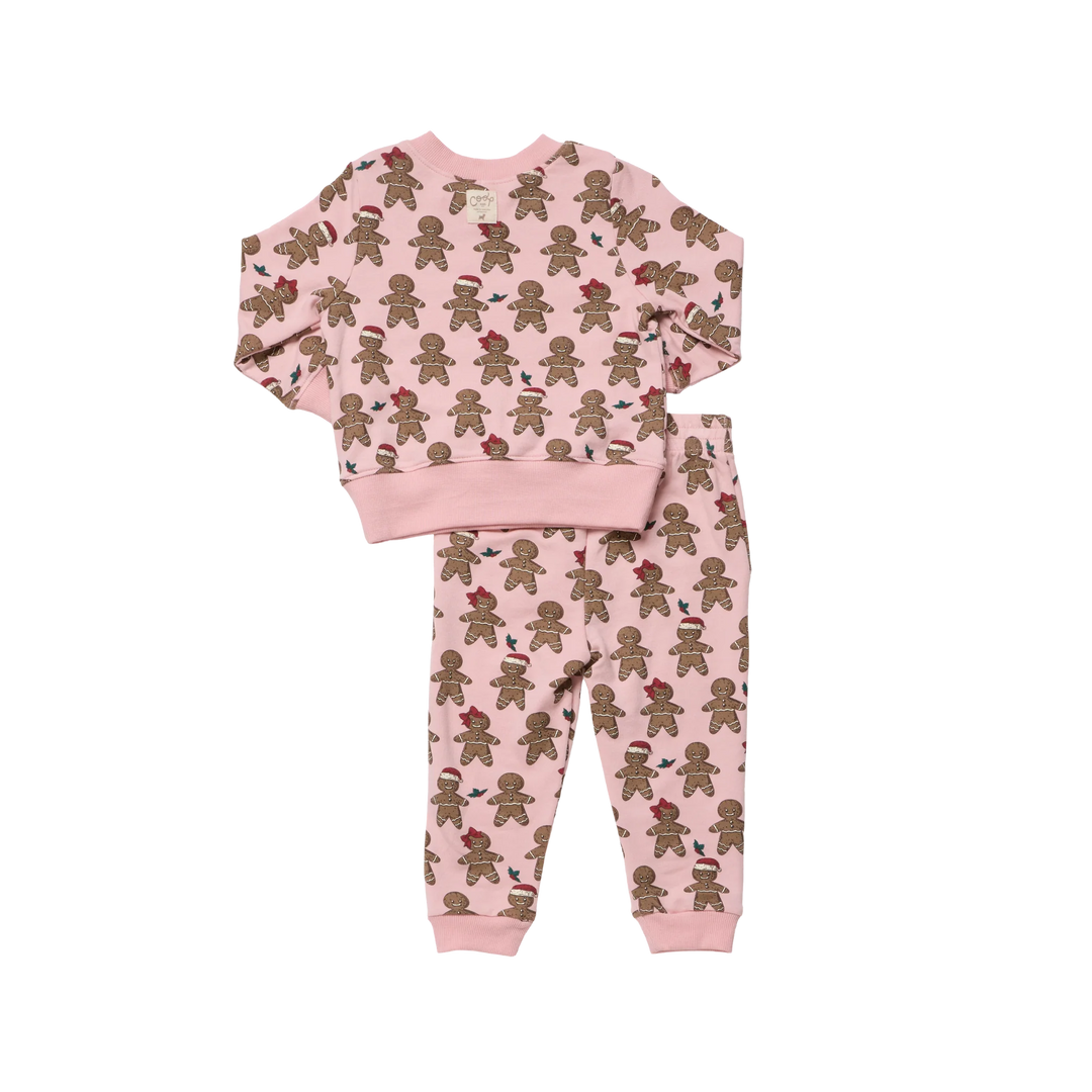 Back view of pink Baby Jax Gingerbread Cookie Jogger Set featuring allover gingerbread print and matching joggers