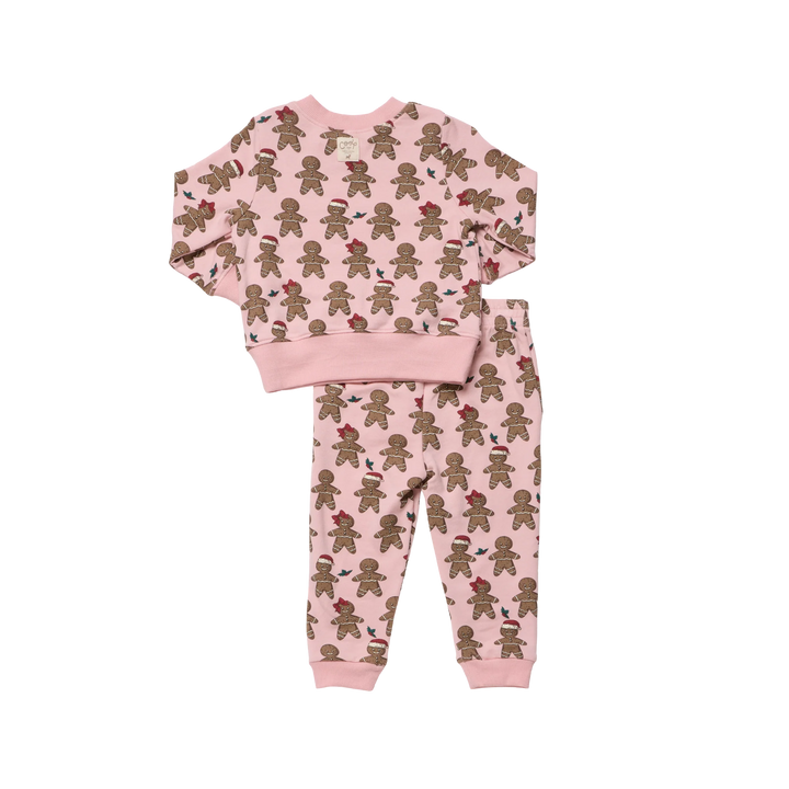 Back view of pink Baby Jax Gingerbread Cookie Jogger Set featuring allover gingerbread print and matching joggers