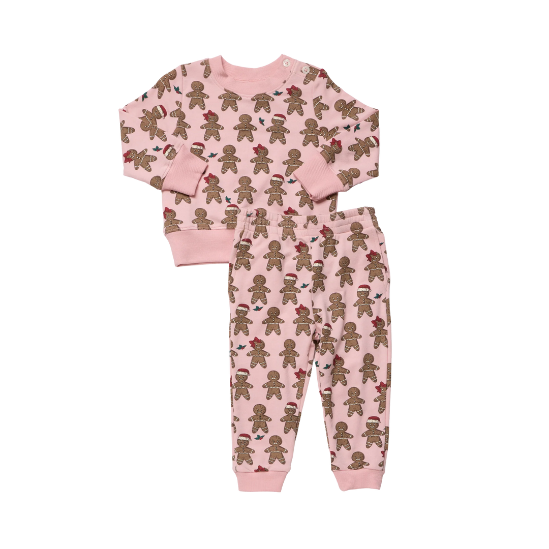 Baby Jax Jogger Set Gingerbread Cookie in pink featuring festive gingerbread men, Santa hats, and red bows