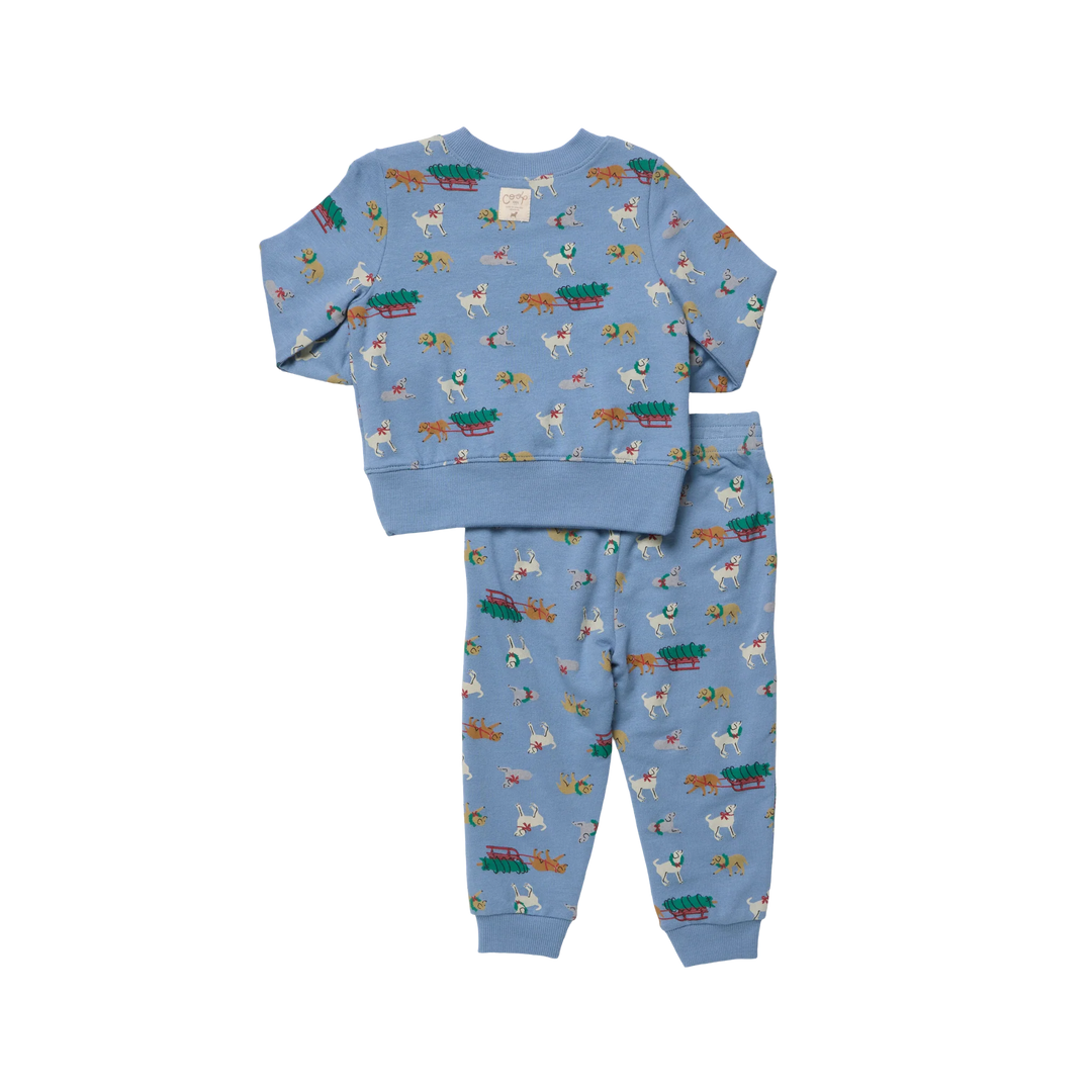 Back view of blue Baby Jax Holiday Labs Jogger Set with allover festive dog print