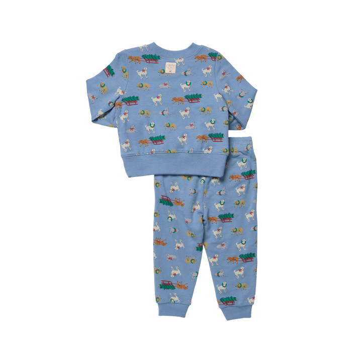 Back view of blue Baby Jax Holiday Labs Jogger Set with allover festive dog print