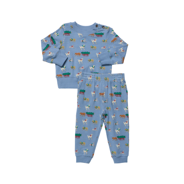 Baby Jax Jogger Set in blue Holiday Labs print featuring festive Labrador dogs and Christmas trees