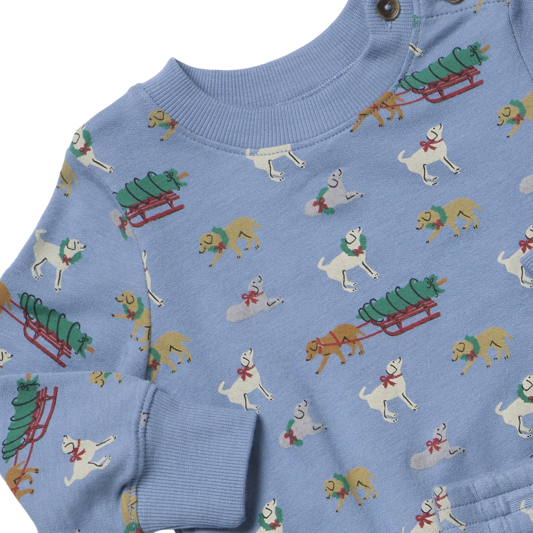Close-up of Baby Jax Holiday Labs sweatshirt showing Christmas Labrador print and ribbed neckline