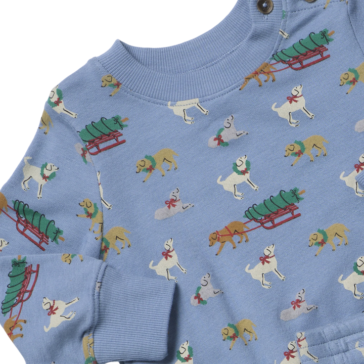 Close-up of Baby Jax Holiday Labs sweatshirt showing Christmas Labrador print and ribbed neckline