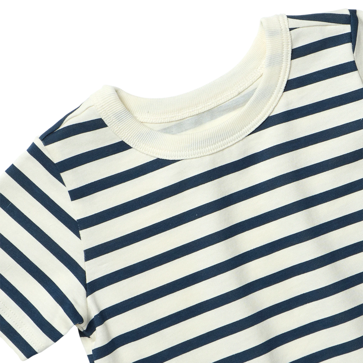Close-up of baby navy striped romper featuring classic cream and navy horizontal stripes with a soft ribbed crew neckline.