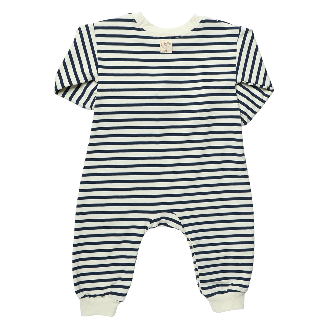 Back view of baby navy striped romper featuring an allover cream and navy horizontal stripe pattern with long sleeves and ribbed ankle cuffs.