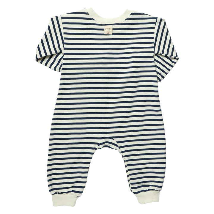 Back view of baby navy striped romper featuring an allover cream and navy horizontal stripe pattern with long sleeves and ribbed ankle cuffs.