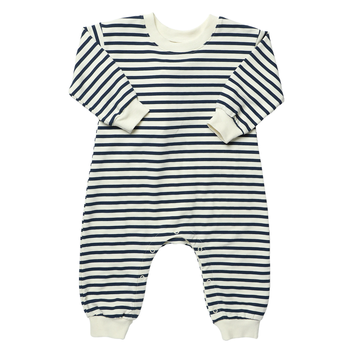 Baby navy striped romper with cream and navy horizontal stripes, long sleeves, ribbed cuffs, and snap closures along the legs.