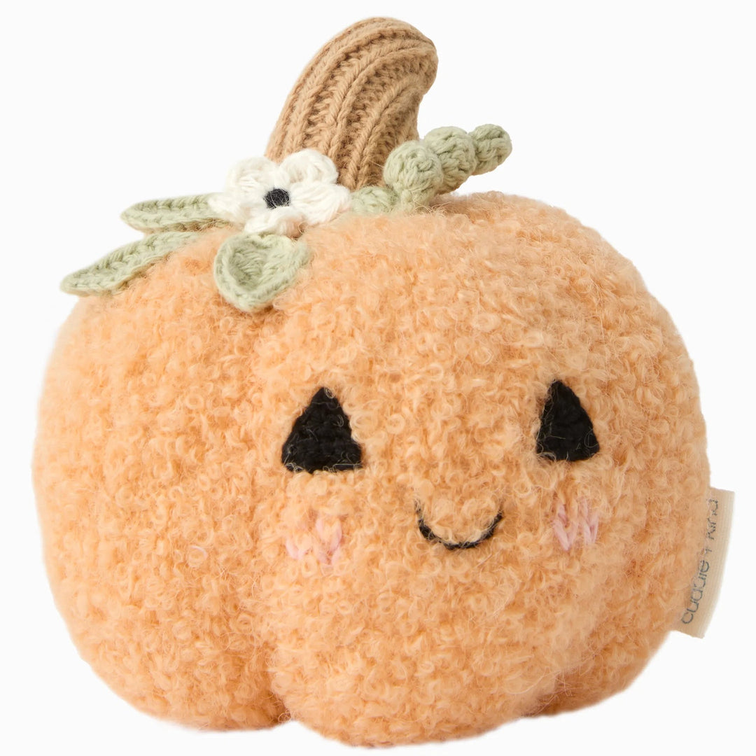 Baby Pumpkin Moonflower plush toy with soft orange texture, smiling face, green leaves, white flower and knit stem