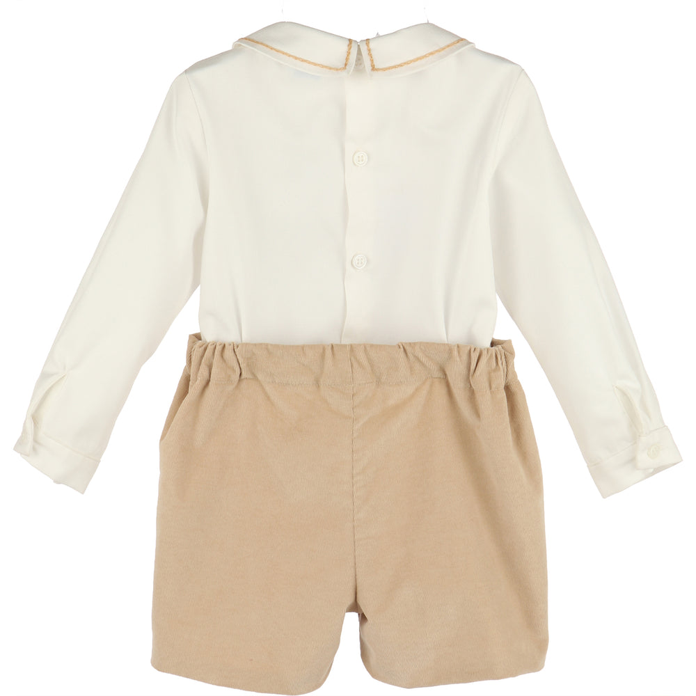 Back view of Beige Minicorduroy Set featuring an ivory button-back shirt with beige-trimmed collar and coordinating beige corduroy shorts.