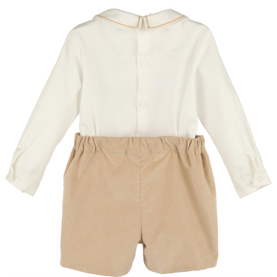 Back view of Beige Minicorduroy Set featuring an ivory button-back shirt with beige-trimmed collar and coordinating beige corduroy shorts.