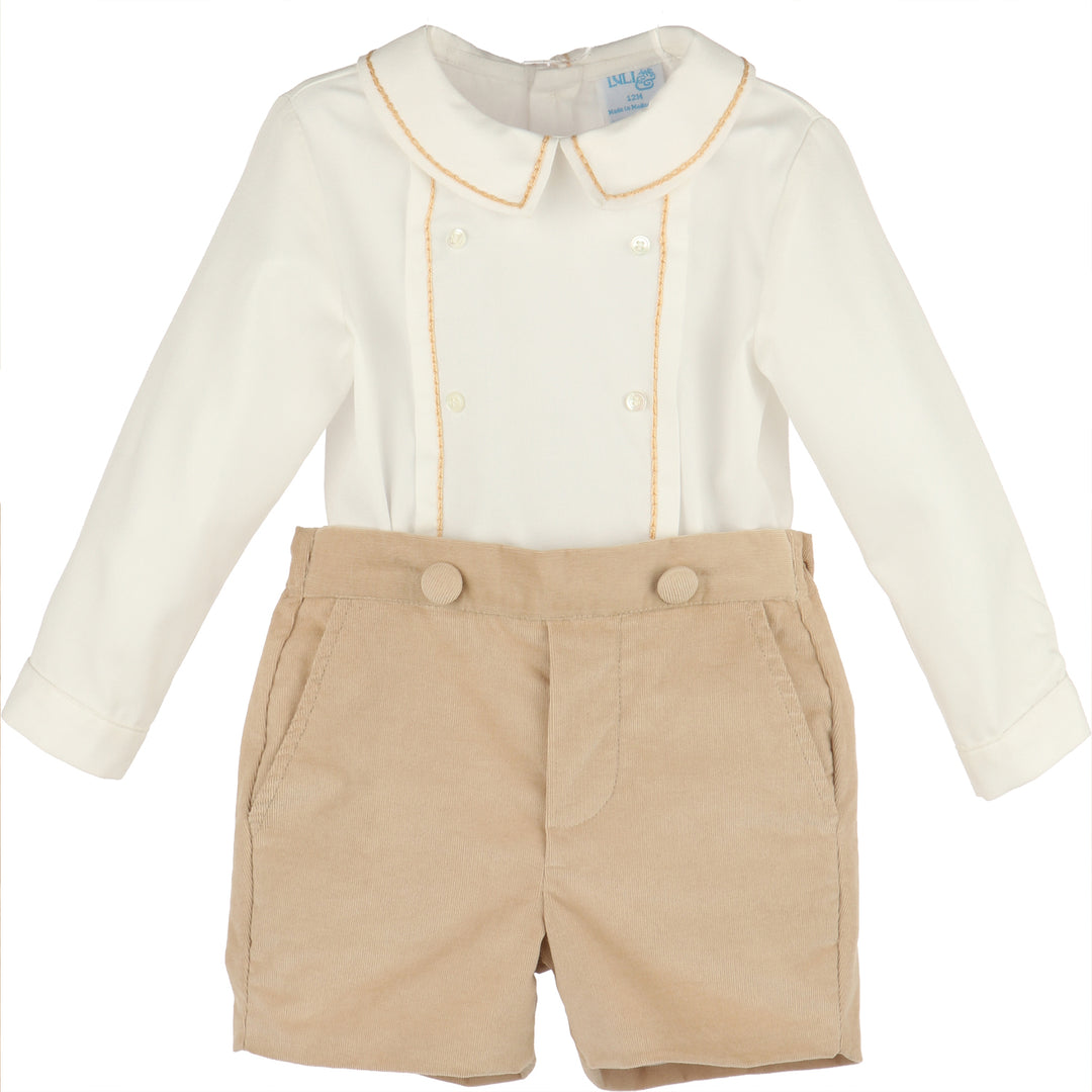 Front view of Beige Minicorduroy Set with ivory long-sleeve shirt, beige-trimmed Peter Pan collar, decorative buttons, and beige corduroy shorts.