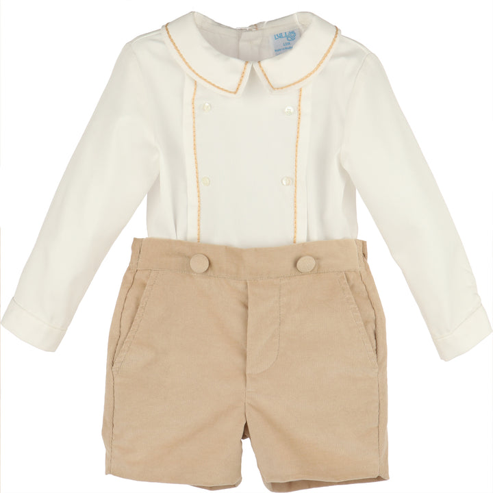 Front view of Beige Minicorduroy Set with ivory long-sleeve shirt, beige-trimmed Peter Pan collar, decorative buttons, and beige corduroy shorts.
