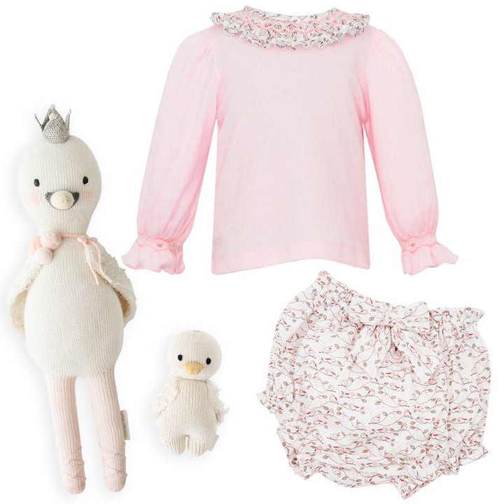 Pink Knit Top w/ Beige & Pink Bird Print Smocked Bloomers