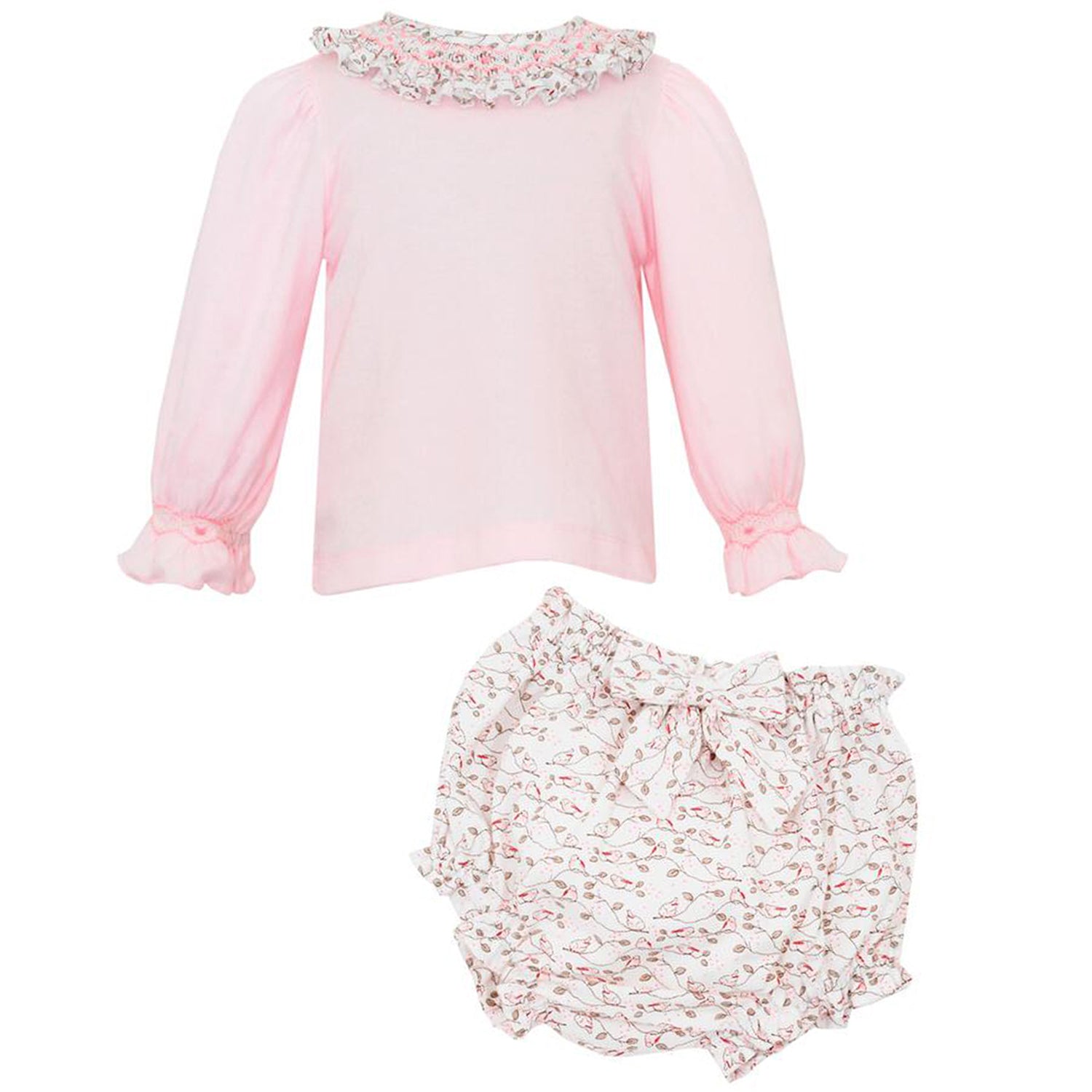 Pink Knit Top w/ Bird Print Smocked Bloomers