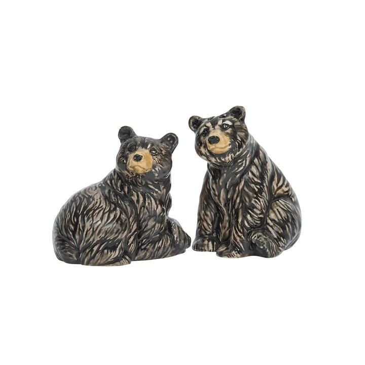 Pair of detailed black bear figurines with brown and tan accents, featuring one seated bear and one resting bear.