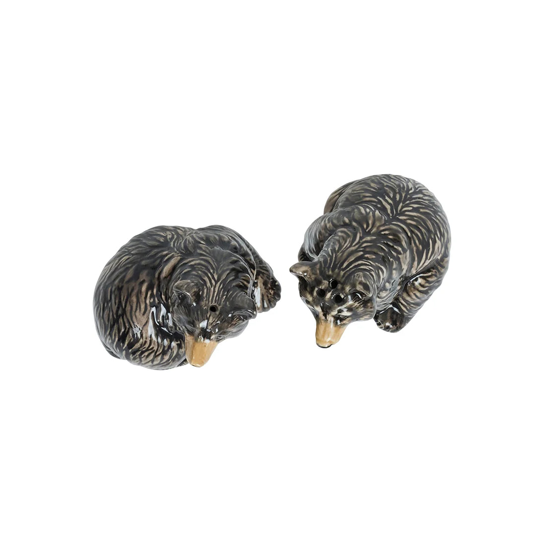 Top view of two sculpted black bear figurines showing detailed textured fur and hand-painted tan faces.