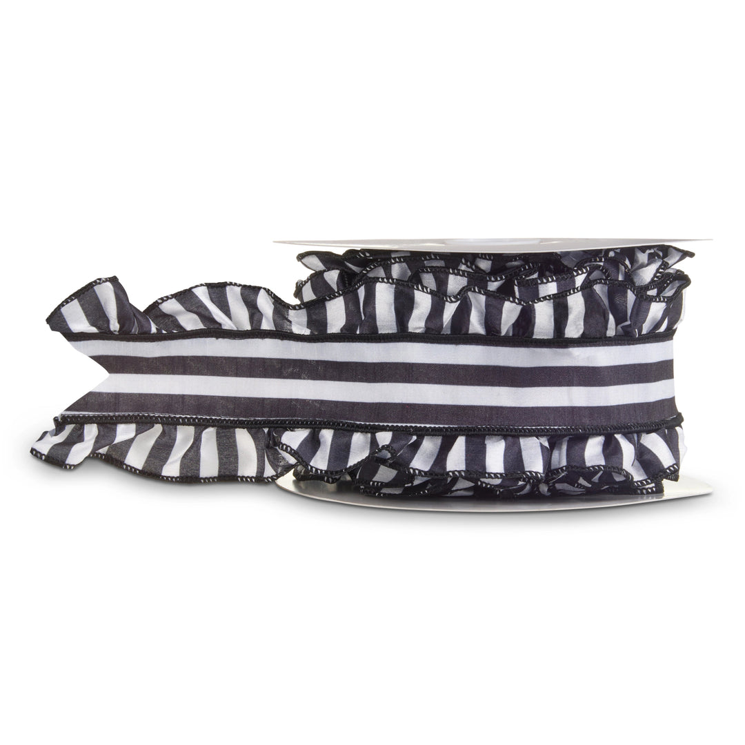 Black &amp; white striped wired ribbon with ruffle edges, 4-inch x 10-yard roll