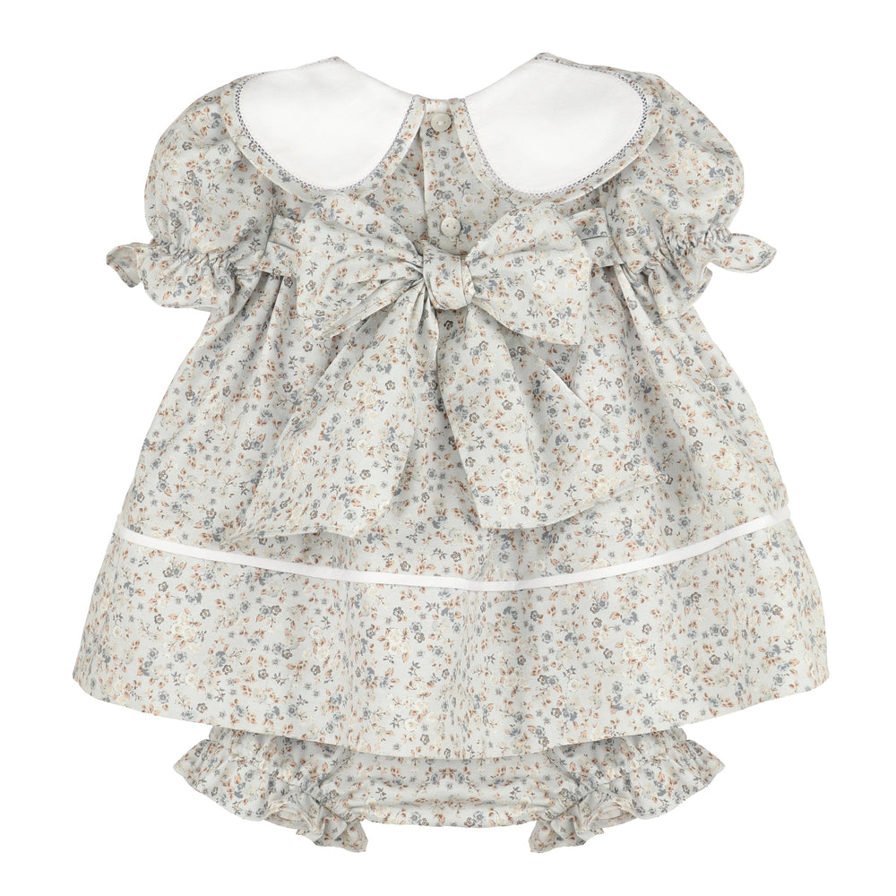 Back of Bloomy Chintz Blue Petal Float with oversized floral bow and coordinating ruffled bloomers