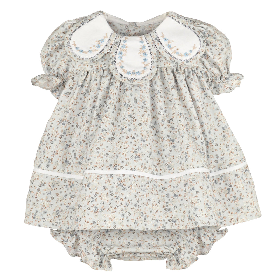 Bloomy Chintz Blue Petal Float baby girl dress with floral print, embroidered white collar, and matching bloomers