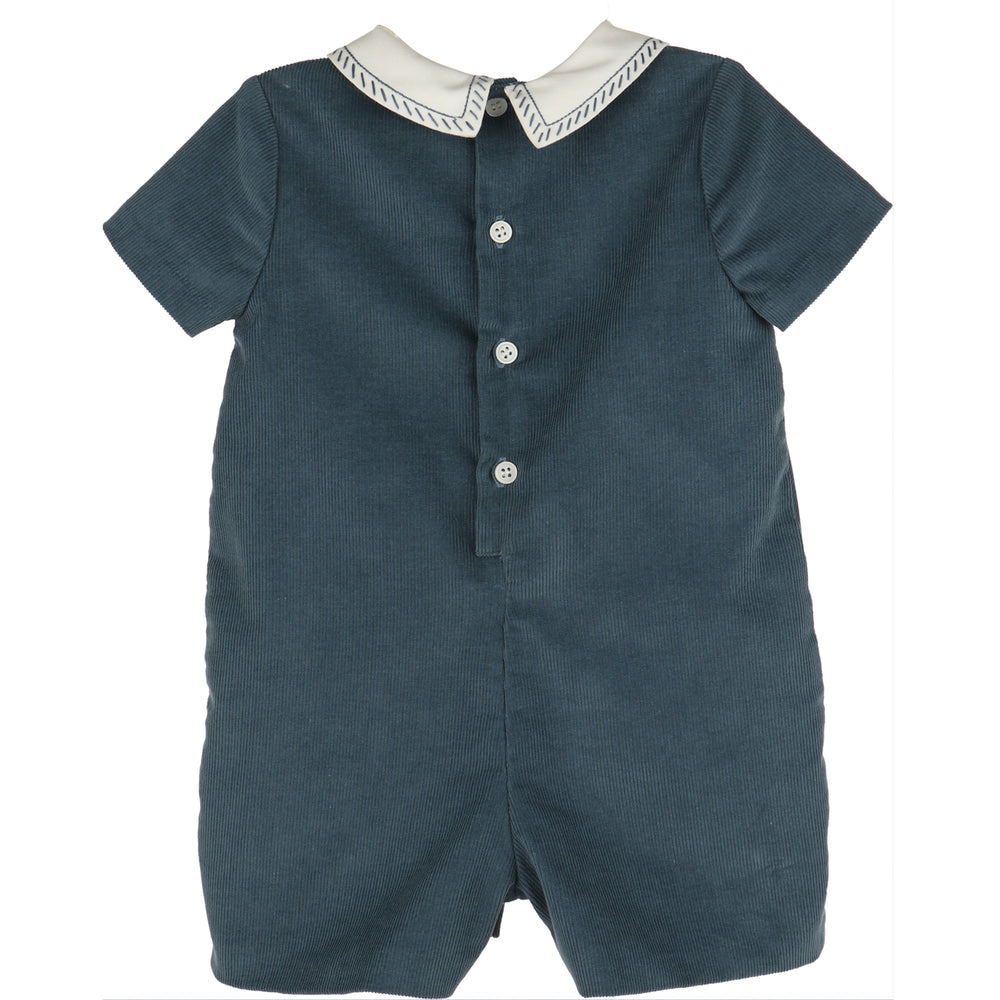 Back view of Blue Cozy Corduroy Romper featuring blue corduroy, short sleeves, white Peter Pan collar with blue stitching, and button-back closure.