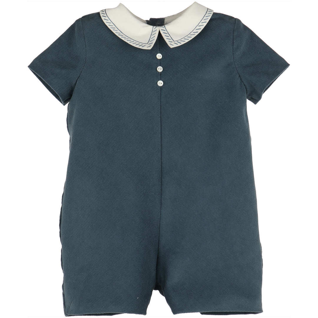 Front view of Blue Cozy Corduroy Romper featuring blue corduroy, short sleeves, white Peter Pan collar with blue stitching, and button details.