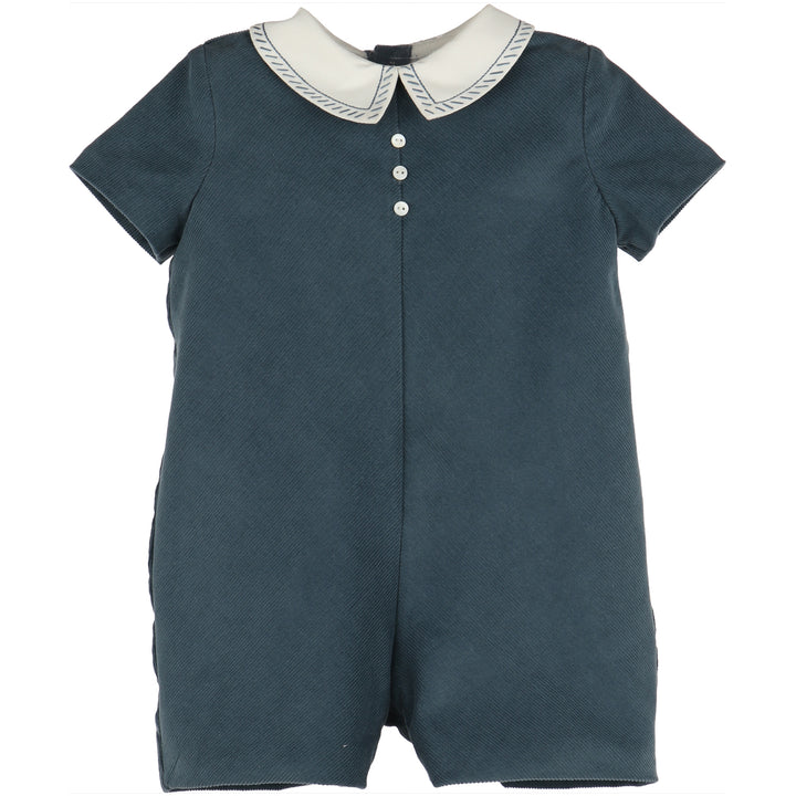 Front view of Blue Cozy Corduroy Romper featuring blue corduroy, short sleeves, white Peter Pan collar with blue stitching, and button details.