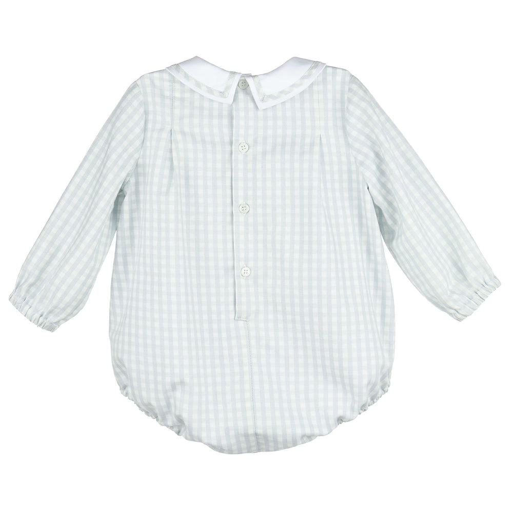 Back view of Blue Gingham Baby Bubble with long sleeves, white Peter Pan collar with gingham trim, and button-back closure.
