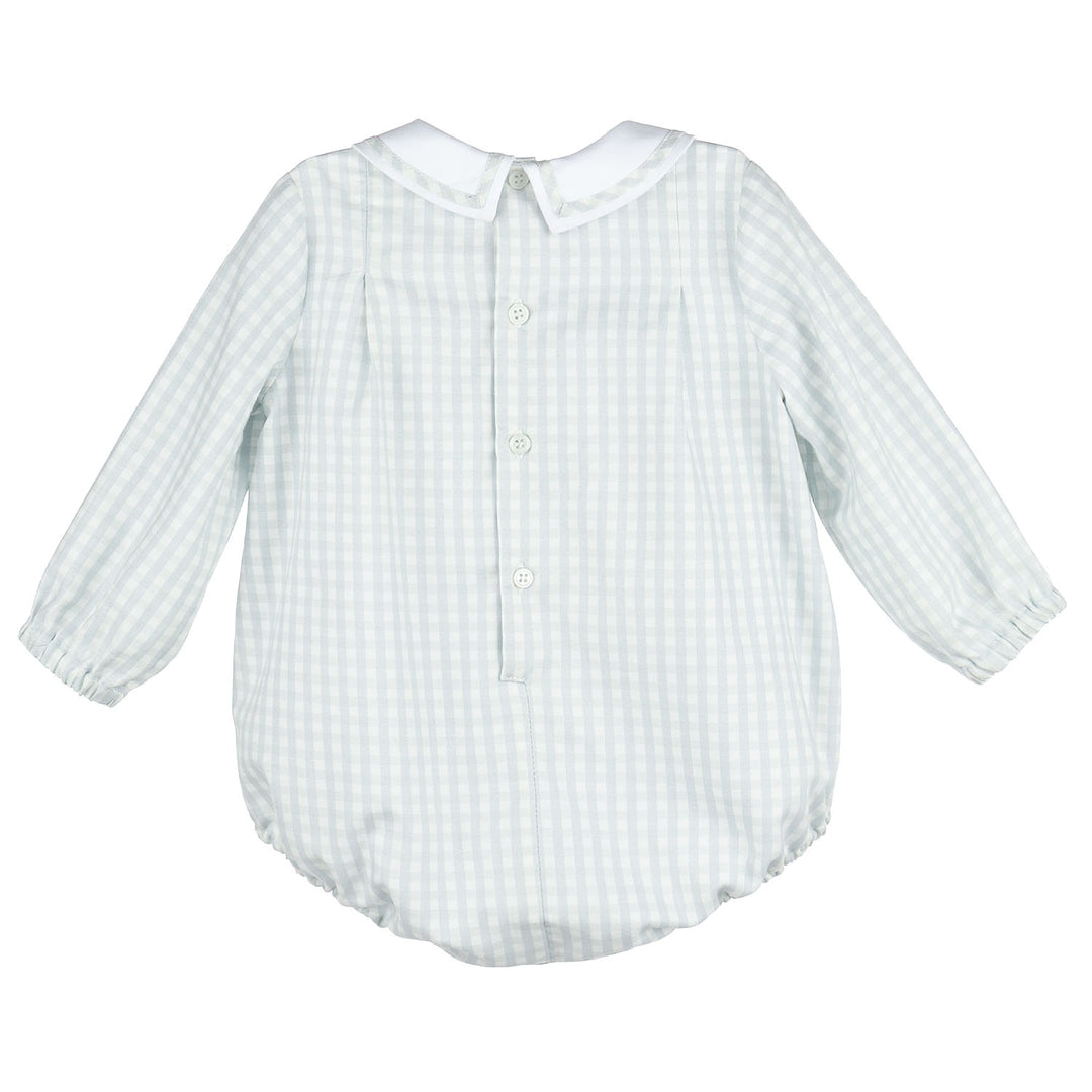 Back view of Blue Gingham Baby Bubble with long sleeves, white Peter Pan collar with gingham trim, and button-back closure.