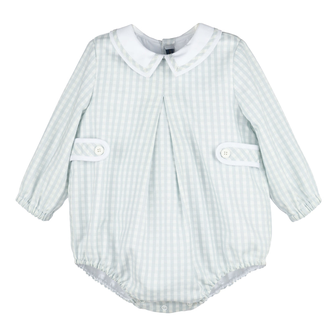 Front view of Blue Gingham Baby Bubble with white Peter Pan collar, long sleeves, front pleating, and button-tab details.