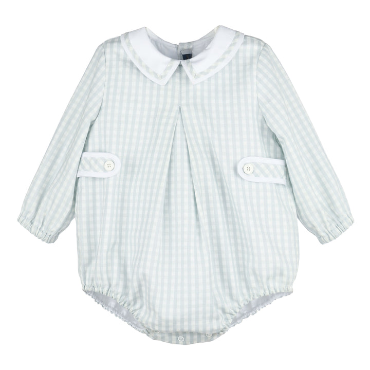 Front view of Blue Gingham Baby Bubble with white Peter Pan collar, long sleeves, front pleating, and button-tab details.