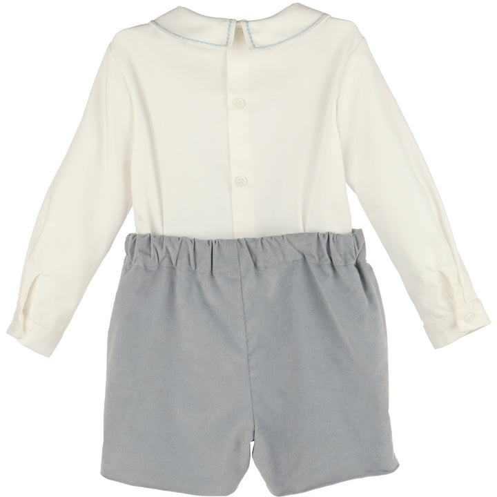 Back view of Blue Minicorduroy Set for boys featuring a white long sleeve shirt and blue corduroy shorts with elastic waist