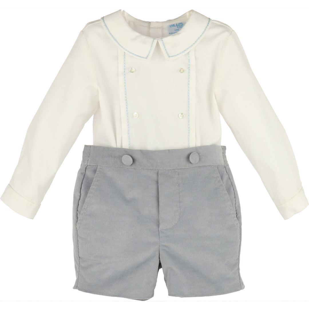 Blue Minicorduroy Set for boys with white long sleeve shirt, light blue trim, Peter Pan collar, and blue corduroy shorts