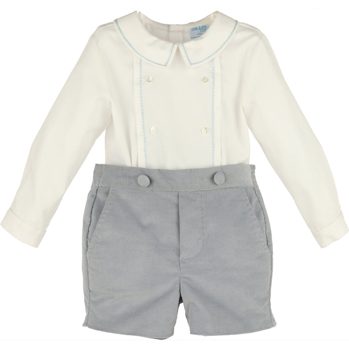 Blue Minicorduroy Set for boys with white long sleeve shirt, light blue trim, Peter Pan collar, and blue corduroy shorts