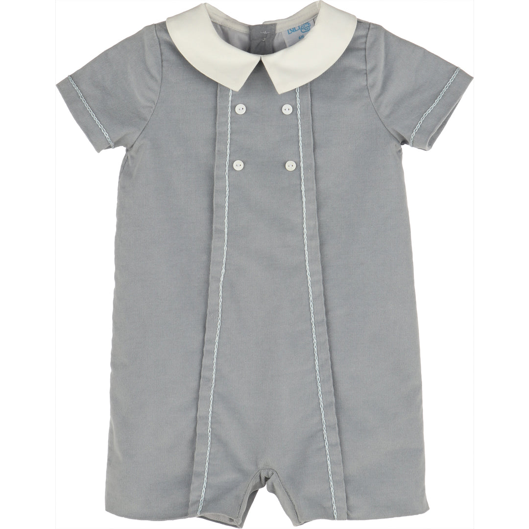 Blue Minicorduroy Romper for baby boys featuring a white Peter Pan collar, light blue stitching, double button details, and short sleeves