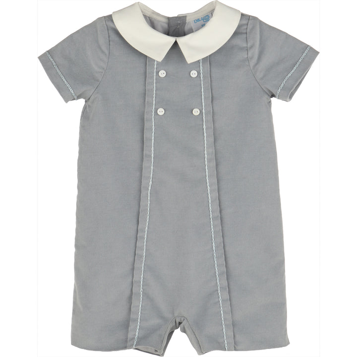 Blue Minicorduroy Romper for baby boys featuring a white Peter Pan collar, light blue stitching, double button details, and short sleeves