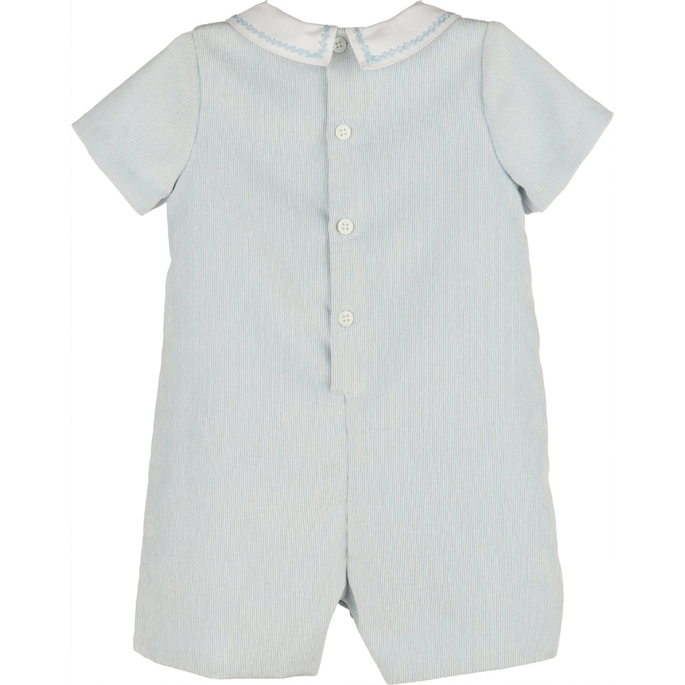 Back view of Blue Sweet Corduroy Boy Bubble with white Peter Pan collar, blue stitching, short sleeves, and button closure.