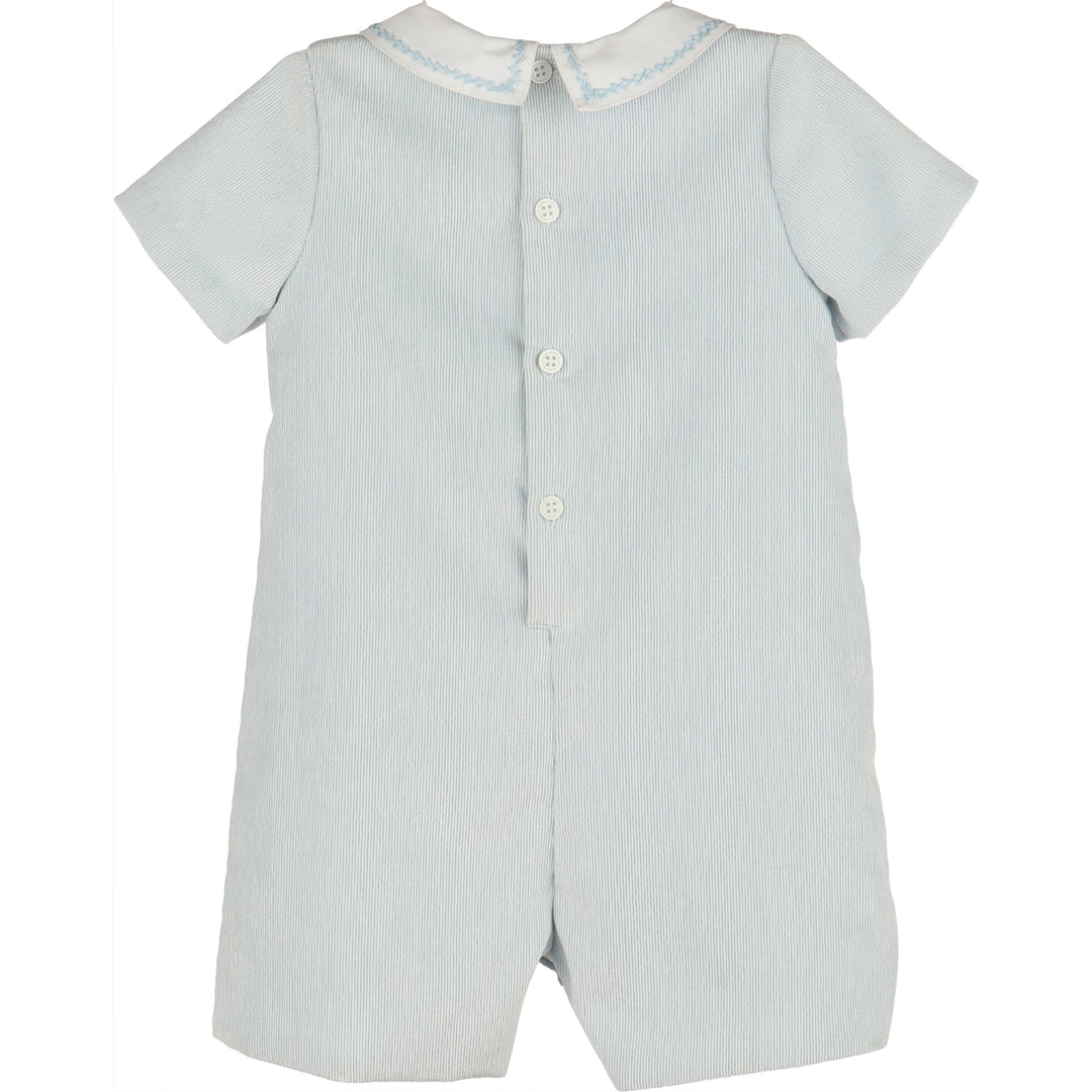 Back view of Blue Sweet Corduroy Boy Bubble with white Peter Pan collar, blue stitching, short sleeves, and button closure.