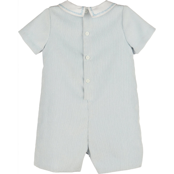Back view of Blue Sweet Corduroy Boy Bubble with white Peter Pan collar, blue stitching, short sleeves, and button closure.