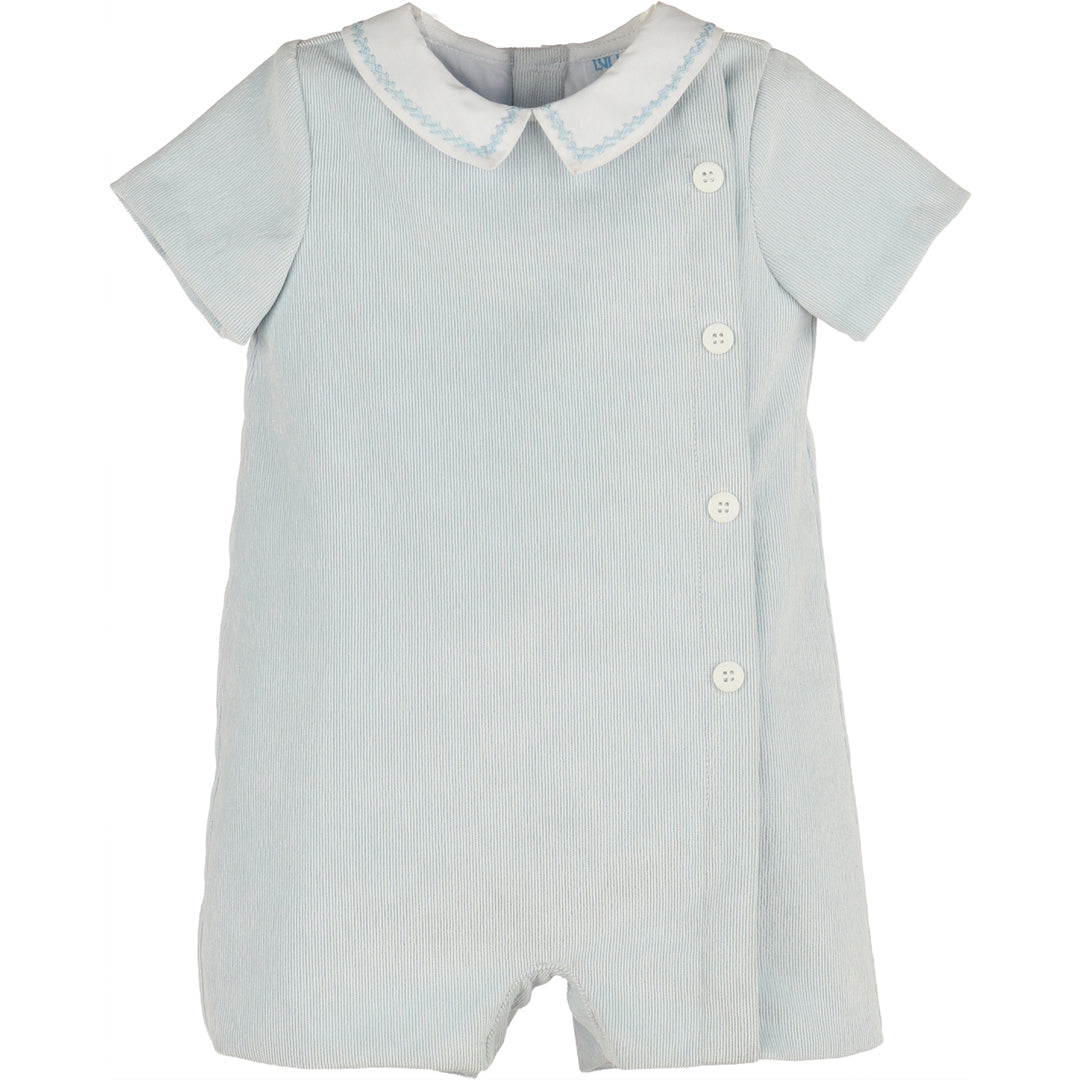 Blue corduroy baby boy bubble with white Peter Pan collar, blue embroidered stitching, short sleeves, and button details.
