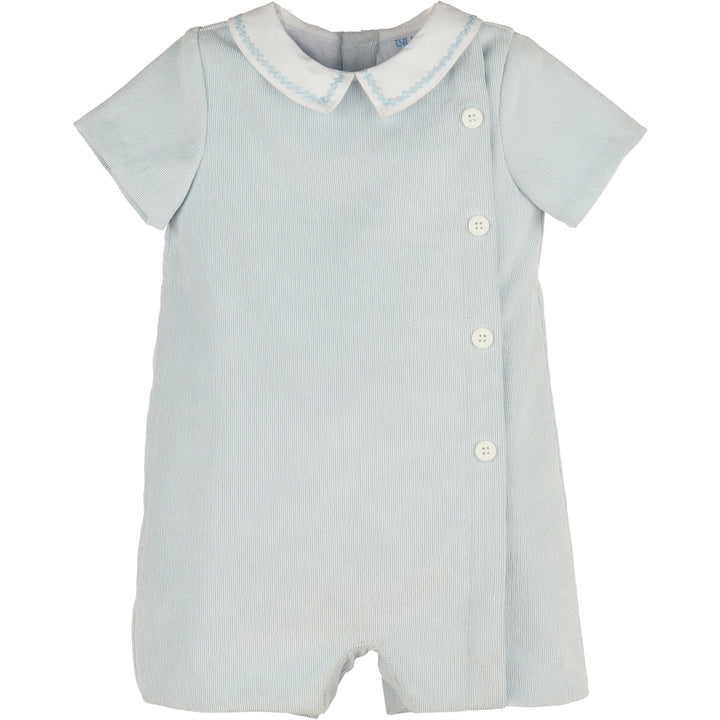 Blue corduroy baby boy bubble with white Peter Pan collar, blue embroidered stitching, short sleeves, and button details.